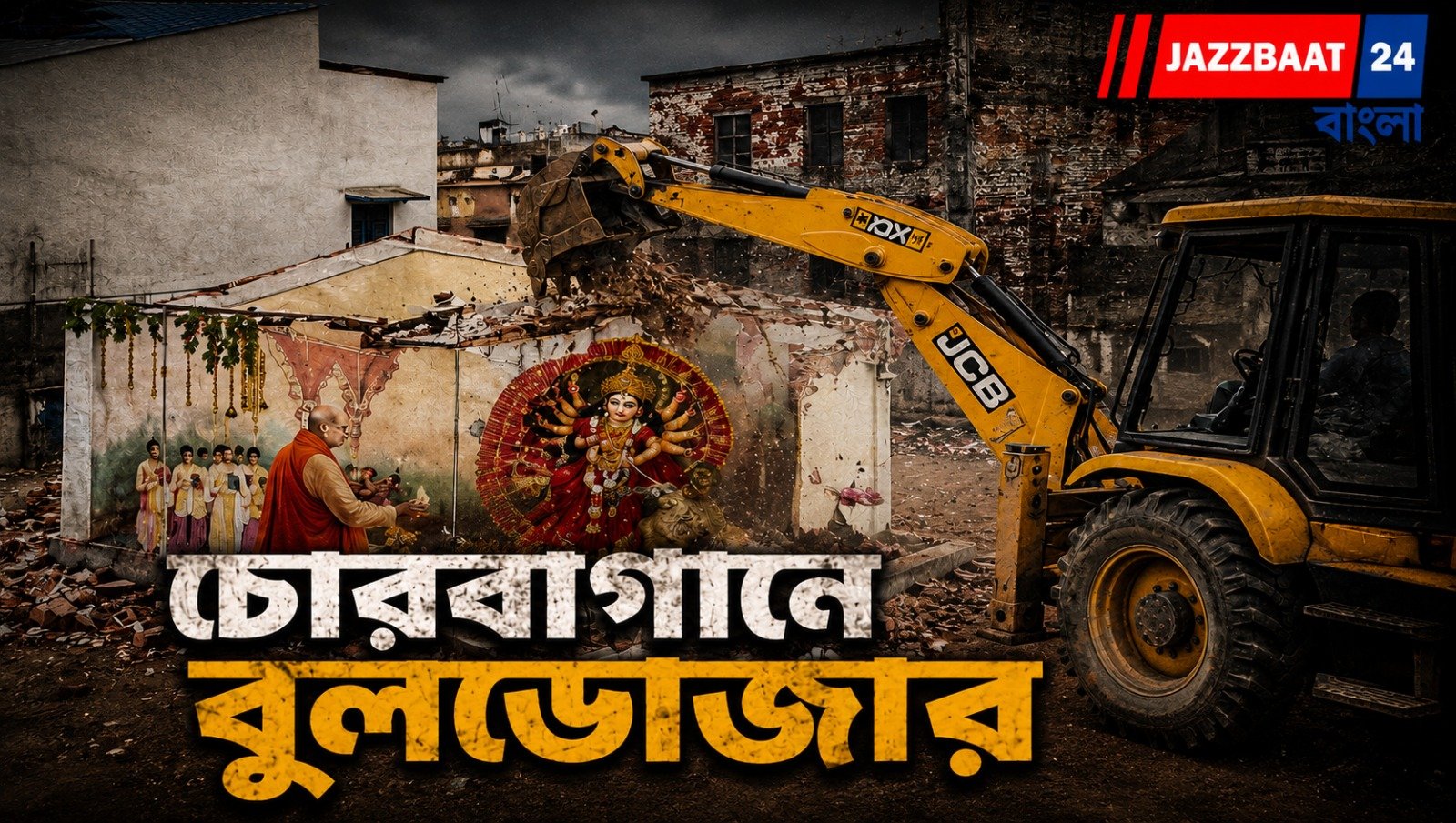 চোরবাগান সর্বজনীনের  দেওয়ালে চলল বুলডোজার, মোদীর দুর্গা আরতির ছবি ঘিরে বিতর্ক