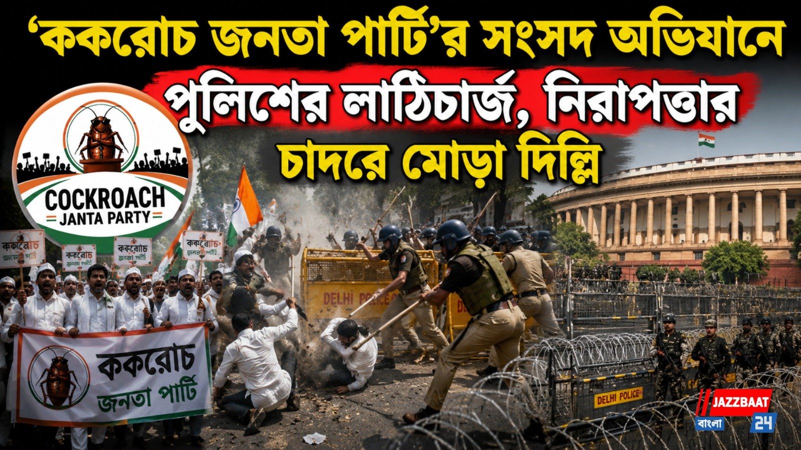 'ককরোচ জনতা পার্টি'র সংসদ অভিযানে পুলিশের লাঠিচার্জ