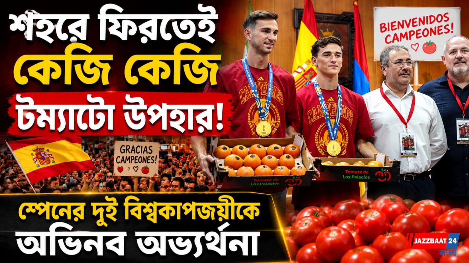 শহরে ফিরতেই কেজি কেজি টম্যাটো উপহার, স্পেনের দুই বিশ্বকাপজয়ীকে অভিনব অভ্যর্থনা