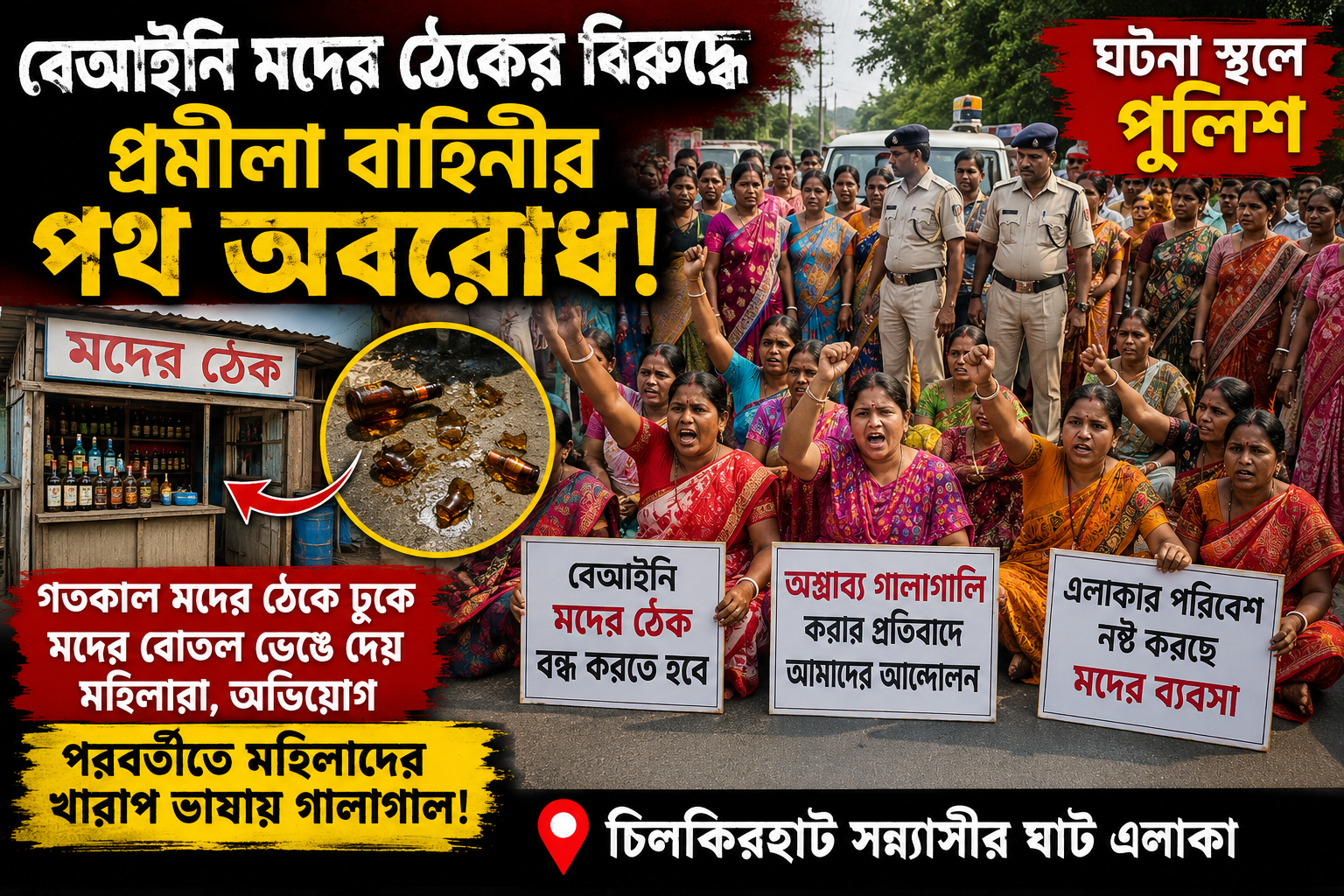 বেআইনি মদের ঠেকের বিরুদ্ধে প্রমীলা বাহিনীর পথ অবরোধ, উত্তেজনা চিলকিরহাট সন্ন্যাসীর ঘাট এলাকায়