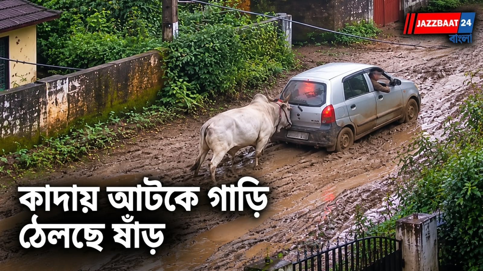 কাদায় আটকে গাড়ি, সাহায্যে এগিয়ে এল ষাঁড়! অবাক করা ভিডিও ভাইরাল নেটদুনিয়ায়