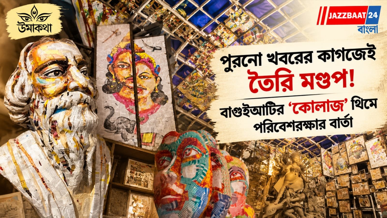 Durga Puja: পুরনো খবরের কাগজেই তৈরি মণ্ডপ! বাগুইআটির ‘কোলাজ’ থিমে পরিবেশরক্ষার বার্তা